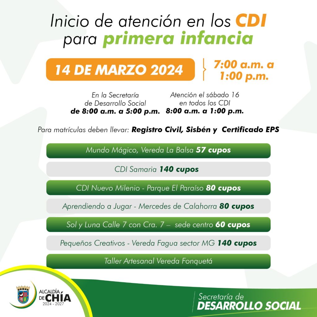 Gracias a la gestión directa del alcalde Leonardo donoso y luego de establecerle un límite al ICBF para que le diera apertura a los Centros de Desarrollo Integral, CDI, de Chía, la entidad abrirá estas instituciones este jueves 14 de marzo de 2024.